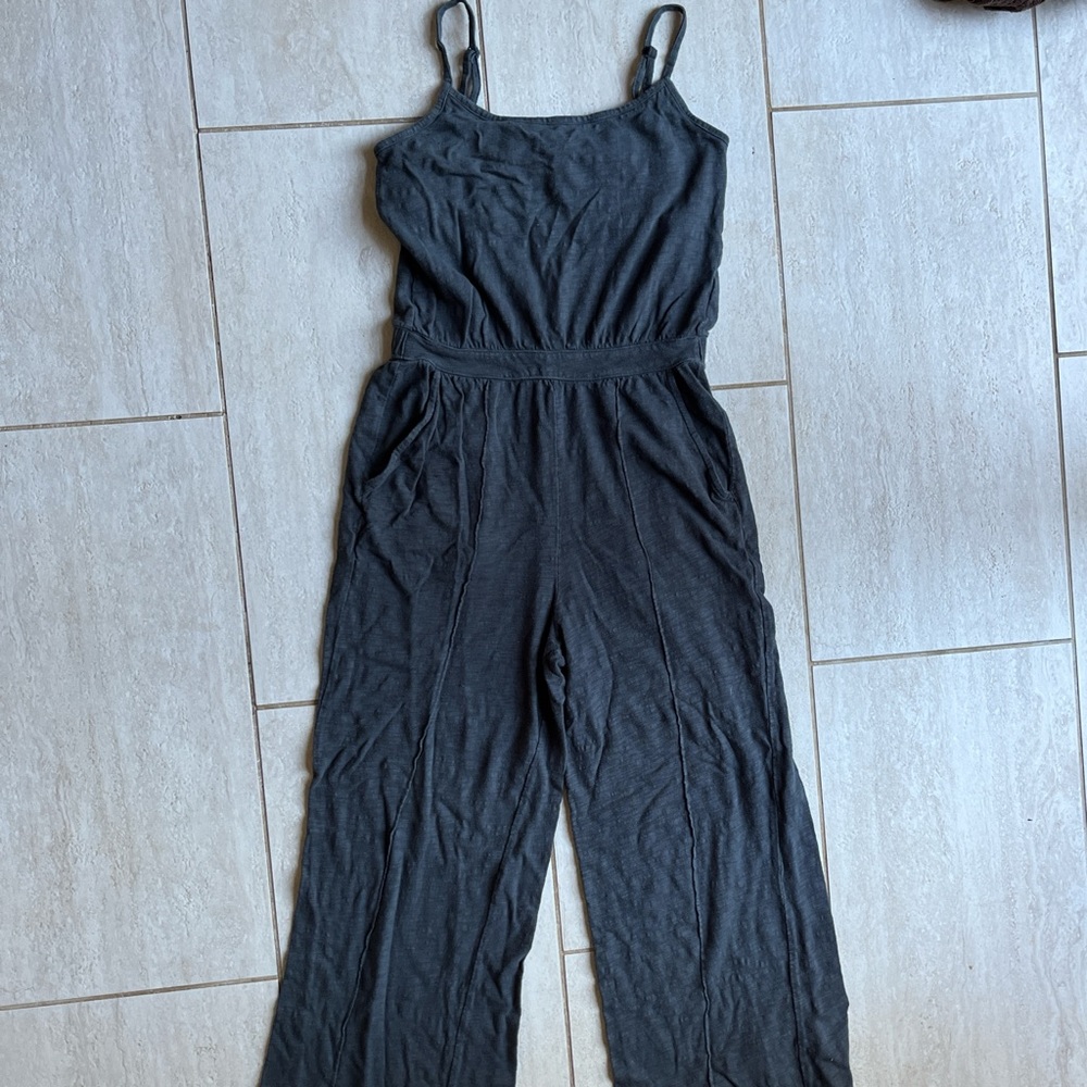 UpWest 100% Cotton Wide Leg Jumpsuit Charcoal Gray Lounge Size S built-in bra